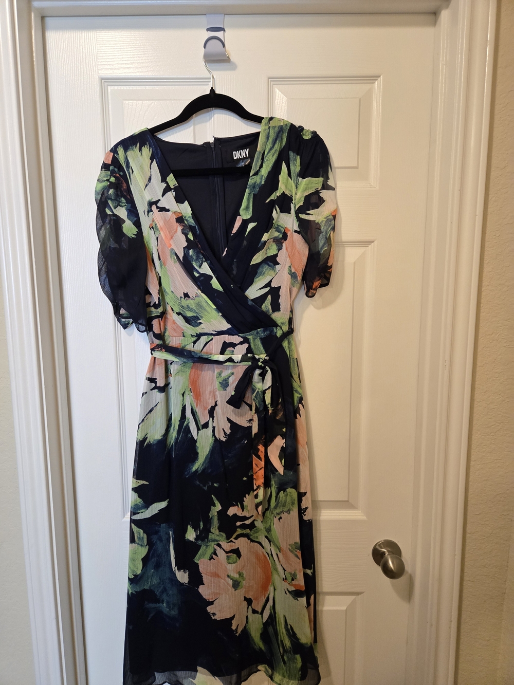 DKNY Navy Floral Wrap Dress with Green and Pink Accents